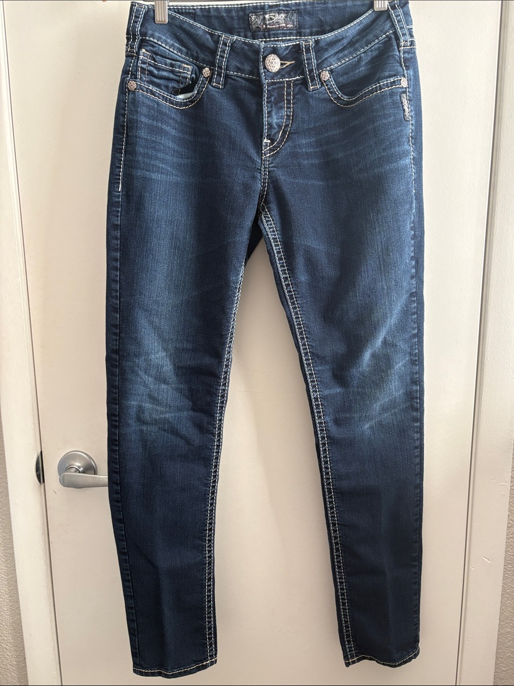 Silver Suki Embellished Pockets Y2K Dark Indigo Mid Skinny Jeans SZ 29